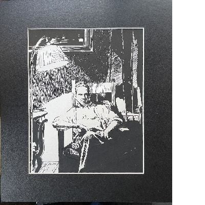 Pen and Ink Man in Chair, drawing by Bryon Rogers