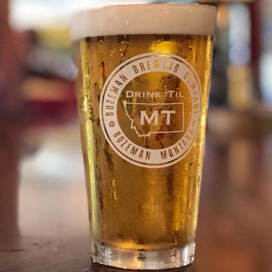 Pit beer glass with Bozeman Brewing label
