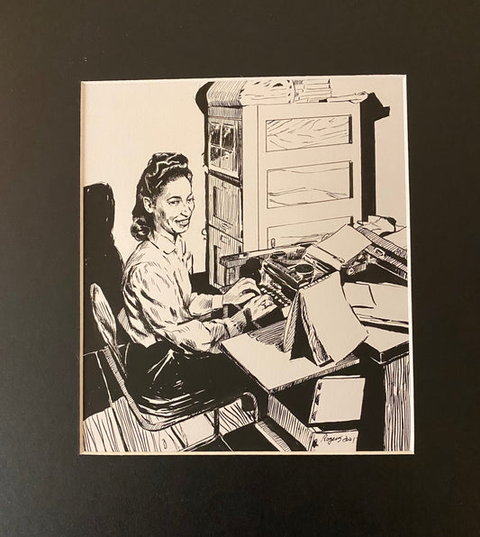 Bryon Rogers: The Secretary: Original pen, brush and ink drawing-ART-76