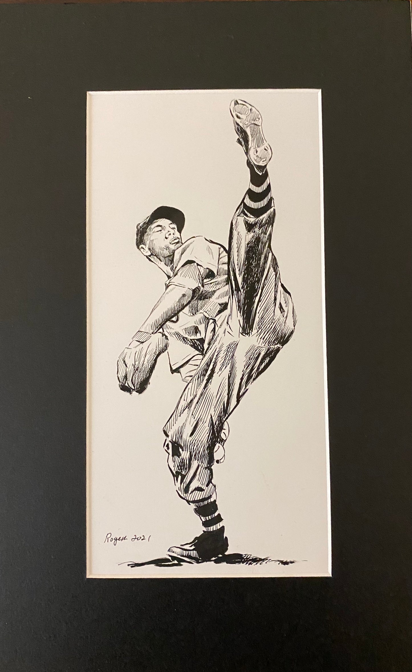 Bryon Rogers: Baseball Pitcher: Original pen, brush and ink drawing-ART-74