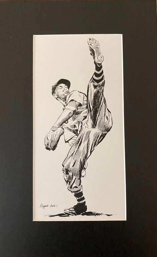 Bryon Rogers: Baseball Pitcher: Original pen, brush and ink drawing-ART-74