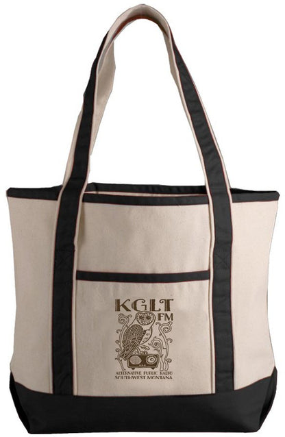 KGLT 2019 tote bag,, with owl-on-radio logo by Amy Kelley Hoitsma.