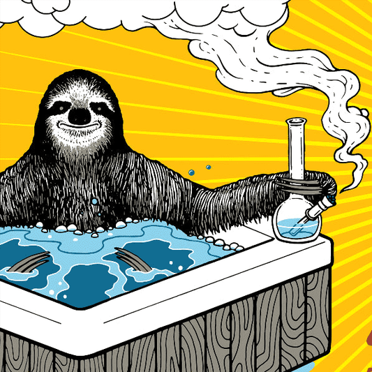 Cartoon drawing of bear in hottub smoking